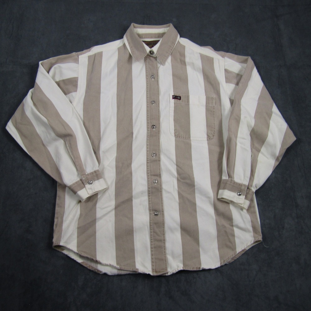 Faded Glory Button Down Shirt Mens M Tan White Striped Long Sleeve Cotton Denim